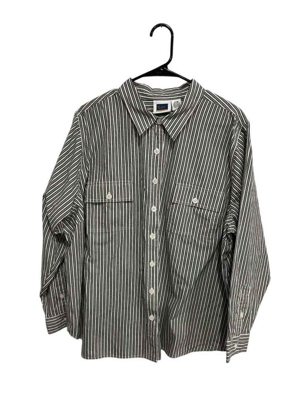 C.S.T. Sport 22W Black White Striped Cotton Button Down Shirt Minimalist